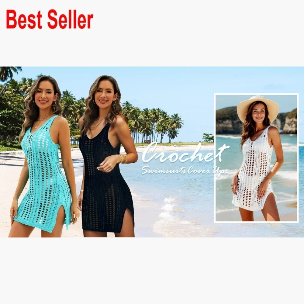 Crochet Hollow Out Slit Beach Cover Up Dress Sleeveless